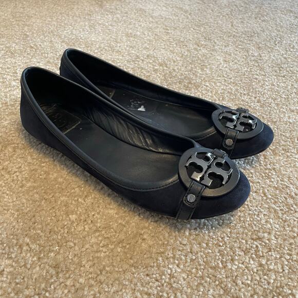 Tory Burch Black Suede Ballet Flats Big Logo SZ 8.5 Classic Designer Shoes - Picture 3 of 10